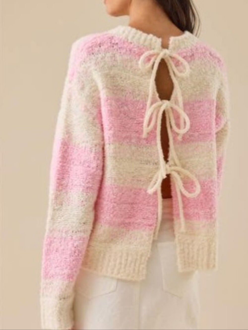 Altar'd State Sweater Size S Open-Back Tie-Detail Striped Pink & Cream
